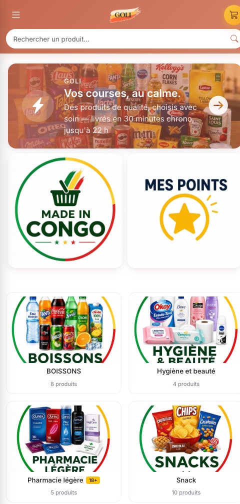 L'accueil réel de l'application GOLI : recherche, Made in Congo, points de fidélité et les rayons Boissons, Hygiène, Pharmacie et Snacks
